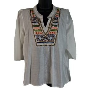 Tommy Bahama Tunic Top Bohemian White Embroidery Beads Womens Medium Cotton Silk